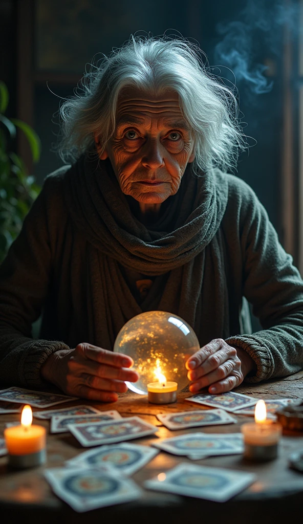 Incense, Cards and crystal ball on the table, Complex half-body portrait of a very old wrinkled Caucasian woman, Illuminated by warm candlelight, With a spooky dungeon in the background . Beautifully interpreted visuals, Maximalist scarves and veils. 1 1 1.0 Lens, Tilt Shift, Shallow depth of field. Dramatic lighting. Chiaroscuro, Look straight into the camera
