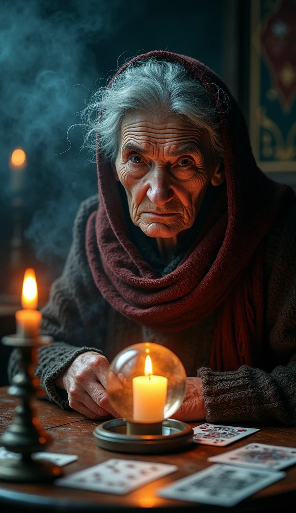 Incense, Cards and crystal ball on the table, Complex half-body portrait of a very old wrinkled Caucasian woman, Illuminated by warm candlelight, With a spooky dungeon in the background . Beautifully interpreted visuals, Maximalist scarves and veils. 1 1 1.0 Lens, Tilt Shift, Shallow depth of field. Dramatic lighting. Chiaroscuro, Look straight into the camera