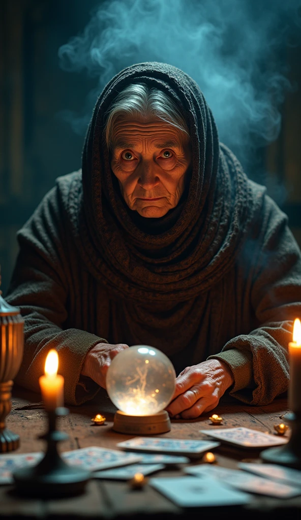 Incense, Cards and crystal ball on the table, Complex half-body portrait of a very old wrinkled Caucasian woman, Illuminated by warm candlelight, With a spooky dungeon in the background . Beautifully interpreted visuals, Maximalist scarves and veils. 1 1 1.0 Lens, Tilt Shift, Shallow depth of field. Dramatic lighting. Chiaroscuro, Look straight into the camera