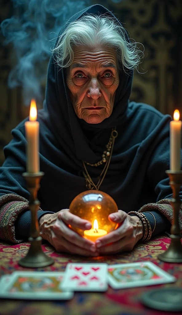 Incense, Cards and crystal ball on the table, Complex half-body portrait of a very old wrinkled Caucasian woman, Illuminated by warm candlelight, With a spooky dungeon in the background . Beautifully interpreted visuals, Maximalist scarves and veils. 1 1 1.0 Lens, Tilt Shift, Shallow depth of field. Dramatic lighting. Chiaroscuro, Look straight into the camera