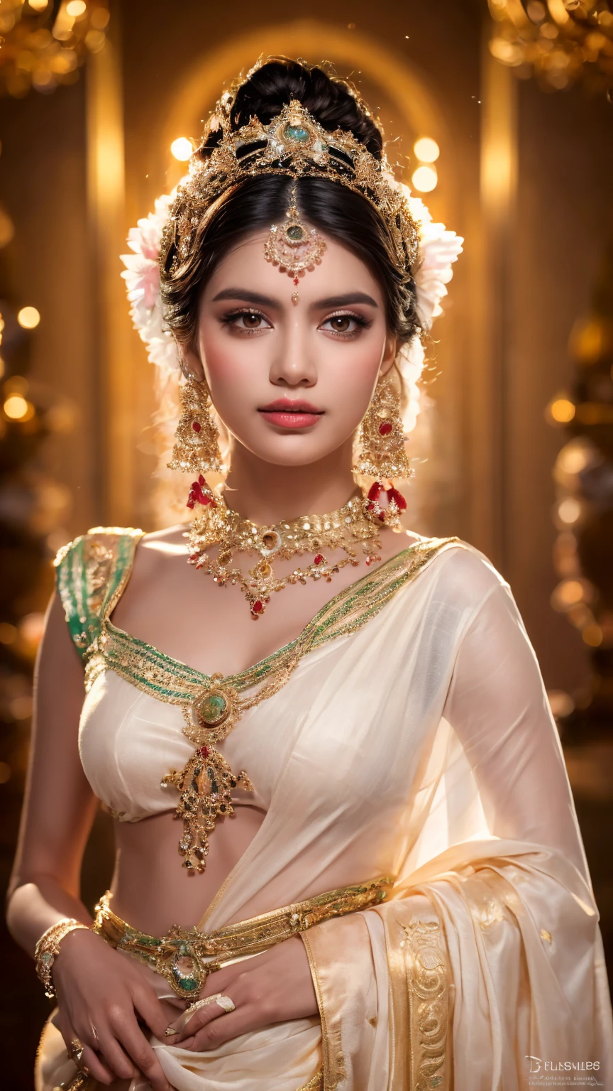 ((Best quality, 8k, Masterpiece :1.3)), Sharp focus :1.2, Generate a realistic image of a beautiful sexy Indian woman dressed in a white Kasava saree, adorned with traditional ornaments, standing in a well-lit room with cinematic lighting. ((Front view, random elegant pose)), and there is a sense of grace and elegance in her posture. The background should complement the scene, enhancing the overall aesthetic appeal of the image. Photography by Brandon Woelfel, Full shot: Canon EF 16-35mm f/2.8L III USM lens on a Canon EOS 5D Mark IV camera, ultra realistic, 32k, HD