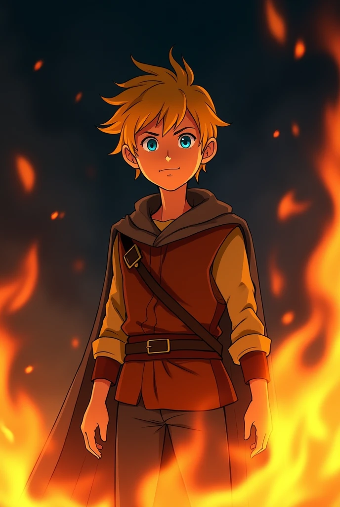 animated, medieval - A wandering man with blond hair and blue eyes surrounded by flames standing in front of a black background