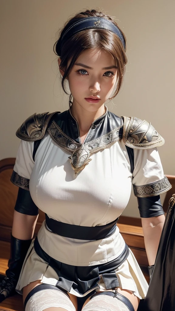 ((1 female)), ((16K)), Mature Woman, (((attractive japanese model:1.0))),((Beautiful Japanese Model))、(((A woman holding a sword)))、(((Japanese Sailor Suit)))、(((Sailor suit costumes)))、(((Headband)))、(((Metal shoulder pads)))、(((Metal breastplate)))、(((Toned body))),(((Big Breasts))),(((Big Breasts))), (((A woman holding a sword)))、((8k, Highest quality:1.2))、((masterpiece)),Black and white clothes、 High resolution, (Skin Texture:1.1), Highest quality, 超High resolution, (Realistic: 1.4), RAW Photos,((Perfect Face))、Age 35, Toned body,Blonde,A well-trained body,(((The background is a princess's room))),(((The background is a princess's room))), masterpiece, ((Ultra HD)), Insane Details, Realistic, Detailed face, 詳細なSkin Texture, Blurred Background, ((Wearing leather armor)), (((Big Breasts))), ((Ancient fantasy soldiers)),((Ancient soldier armor)),Combat Accessories,vision, Perfect Face, Delicate eyes, (((Slit eyes)))、Voluminous lips, Big eyes, (((Armor with intricate patterns)))、(((garter belt)))、(((Knee Hersocks)))、(((mini skirt)))、((Voluptuous body))、Dynamic pose、Looking at the camera、looking at the camera、