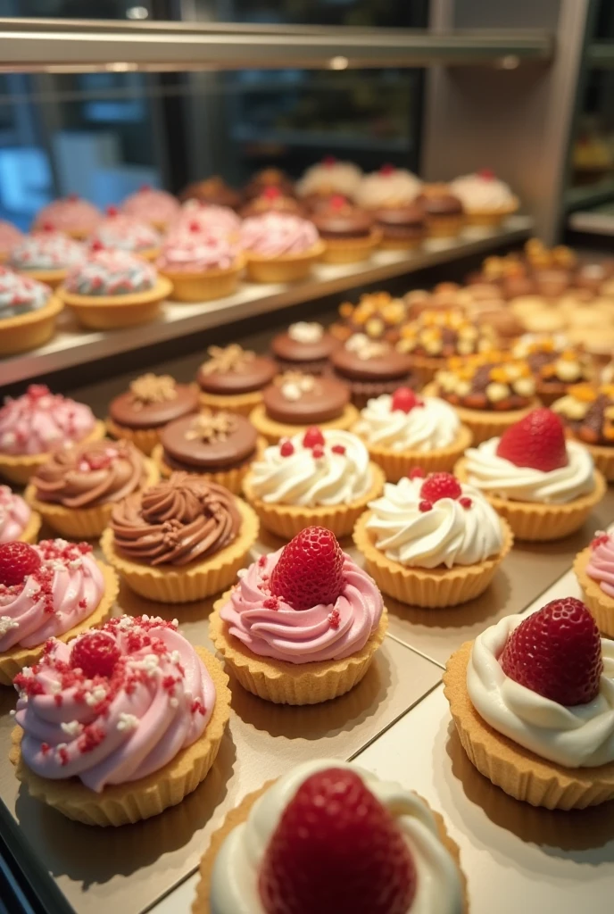 there are many different types of cake in the display case, sweets, Pastries, delicious, dessert, Pastries, fantasy Bakery, Sea of Parfaits, cake, at the counter, 🤬 🤮 💕 🎀, Bakery, Happy!!!, Ice cream pile, 3 / 4. Wide Shot, cute Bakery shop, 8k)), 古い魔法のsweets屋さんの中, counter, stitch