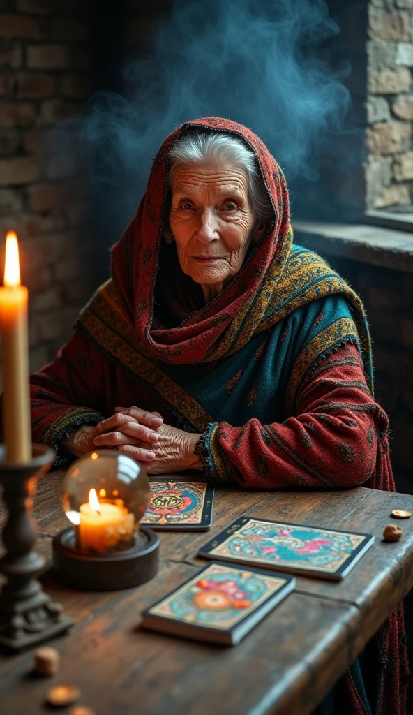 Incense, Cards and crystal ball on the table, Complex half-body portrait of a very old wrinkled Caucasian woman, Illuminated by warm candlelight, With a spooky dungeon in the background . Beautifully interpreted visuals, Maximalist scarves and veils. 1 1 1.0 Lens, Tilt Shift, Shallow depth of field. Dramatic lighting. Chiaroscuro, Look straight into the camera