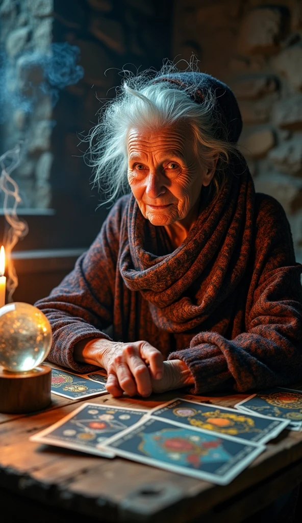 Incense, Cards and crystal ball on the table, Complex half-body portrait of a very old wrinkled Caucasian woman, Illuminated by warm candlelight, With a spooky dungeon in the background . Beautifully interpreted visuals, Maximalist scarves and veils. 1 1 1.0 Lens, Tilt Shift, Shallow depth of field. Dramatic lighting. Chiaroscuro, Look straight into the camera
