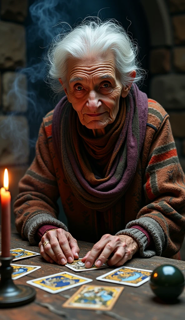 Incense, Cards and crystal ball on the table, Complex half-body portrait of a very old wrinkled Caucasian woman, Illuminated by warm candlelight, With a spooky dungeon in the background . Beautifully interpreted visuals, Maximalist scarves and veils. 1 1 1.0 Lens, Tilt Shift, Shallow depth of field. Dramatic lighting. Chiaroscuro, Look straight into the camera