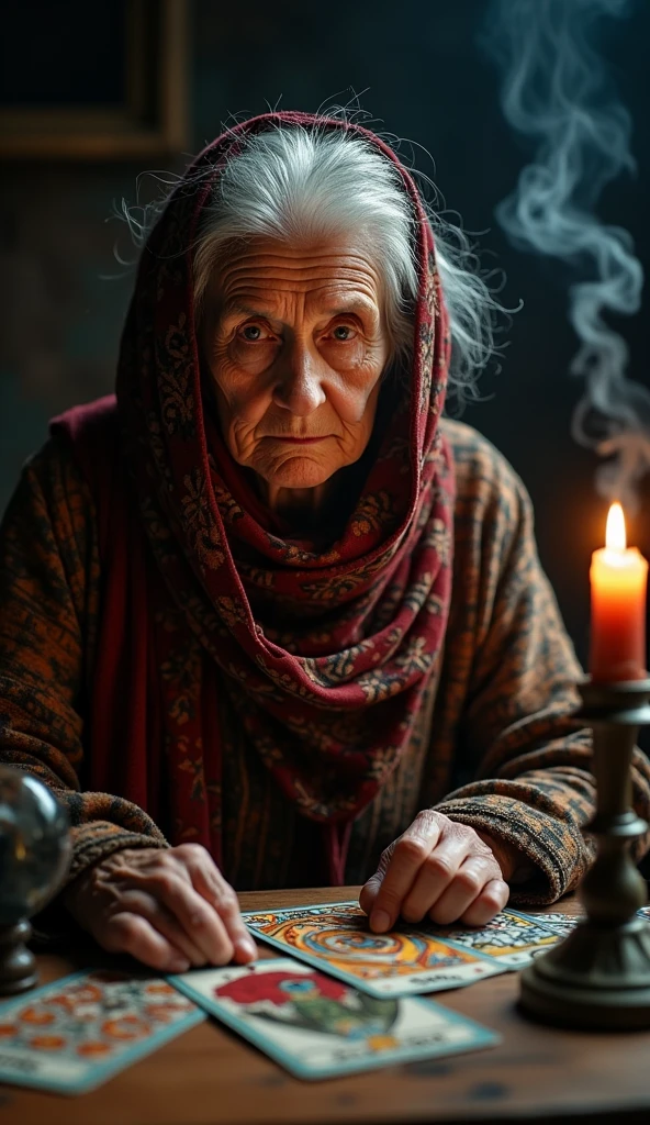Incense, Cards and crystal ball on the table, Complex half-body portrait of a very old wrinkled Caucasian woman, Illuminated by warm candlelight, With a spooky dungeon in the background . Beautifully interpreted visuals, Maximalist scarves and veils. 1 1 1.0 Lens, Tilt Shift, Shallow depth of field. Dramatic lighting. Chiaroscuro, Look straight into the camera