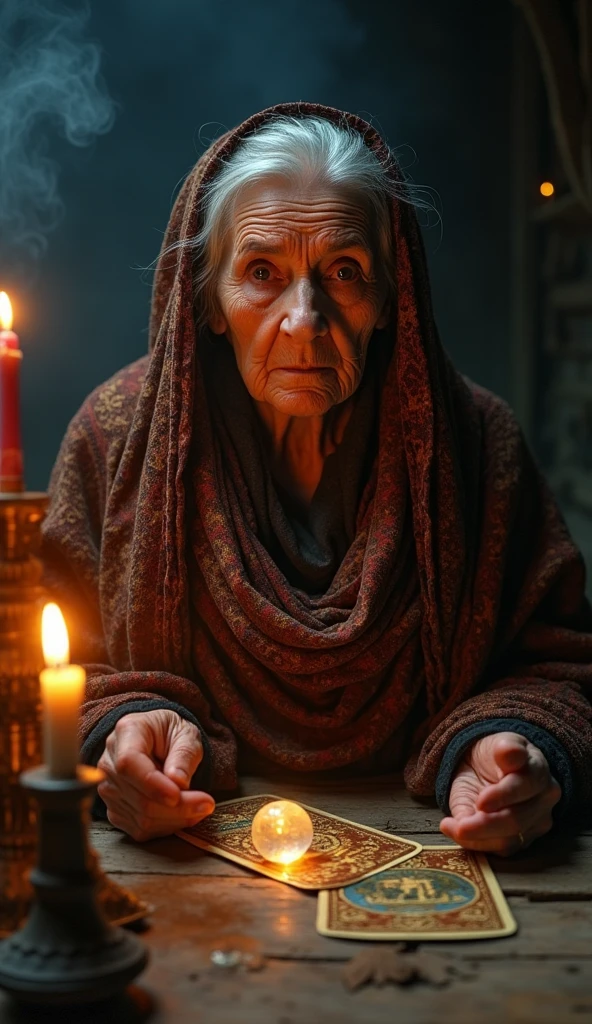 Incense, Cards and crystal ball on the table, Complex half-body portrait of a very old wrinkled Caucasian woman, Illuminated by warm candlelight, With a spooky dungeon in the background . Beautifully interpreted visuals, Maximalist scarves and veils. 1 1 1.0 Lens, Tilt Shift, Shallow depth of field. Dramatic lighting. Chiaroscuro, Look straight into the camera