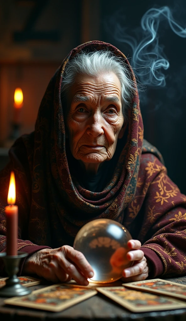 Incense, Cards and crystal ball on the table, Complex half-body portrait of a very old wrinkled Caucasian woman, Illuminated by warm candlelight, With a spooky dungeon in the background . Beautifully interpreted visuals, Maximalist scarves and veils. 1 1 1.0 Lens, Tilt Shift, Shallow depth of field. Dramatic lighting. Chiaroscuro, Look straight into the camera