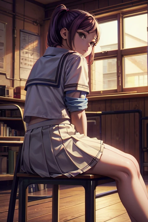 in the classroom, sitting on the boiler, skirt short, no one room, improves HD image quality, bright coloured,