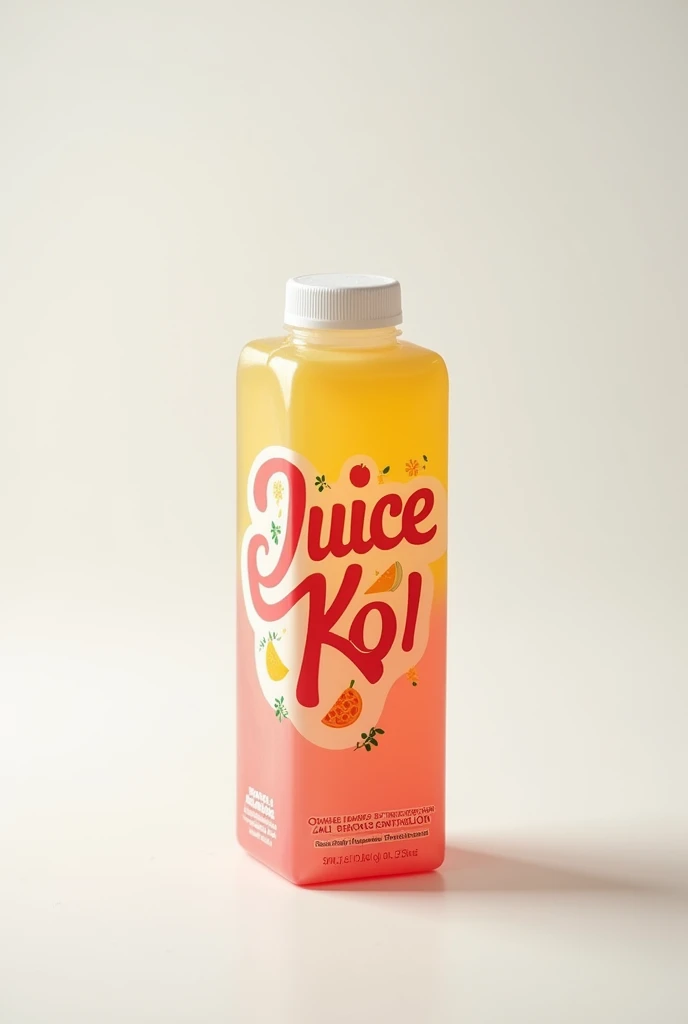 A sleek, modern paper cartoon container with a transparent label showcasing the product information, standing upright on a minimalist white background, filled to the brim with 325ml of vibrant, Four Seasons ( orange, pineapple , mango , watermelon)juice flavor, its creamy rainbow color glistening in the subtle lighting, with the brand name 'Juice Ko!' emblazoned in bold, playful, cursive script with rounded edges, in a deep coral pink hue, adorned with tiny, illustrations of guyabano leaves and fruits, surrounded by a thin, white outline, adding a touch of whimsy and fun to the overall design.