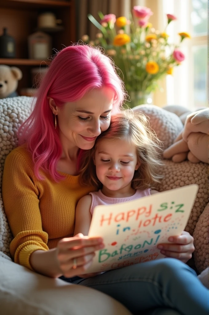 Mother getting emotional reading her daughter's Mother's Day letter.The daughter is six years old and has pink hair just like her mother.