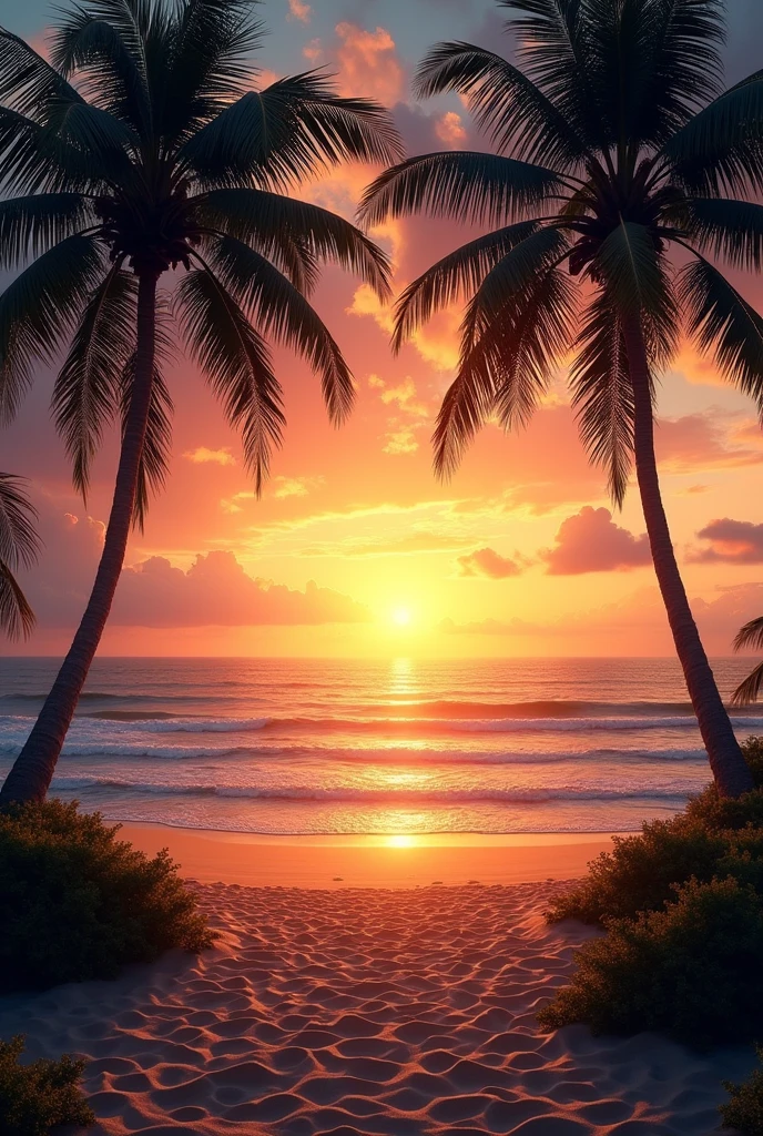 A sunset on the beach with palm trees