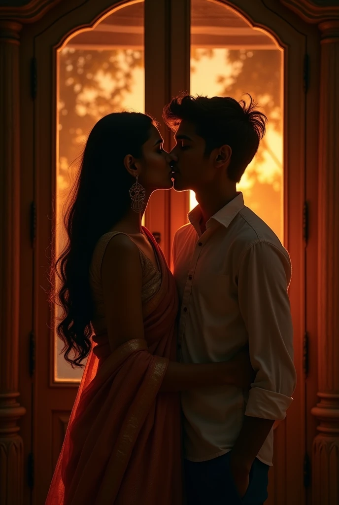 Indian 35 year old beautiful woman, having long hairs, kissing with 19 year old indian boy behind the cupboard. At evening
