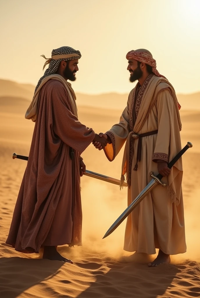 two arabian men wearing old arabian clothes shaking there hands coming from the war with two swords