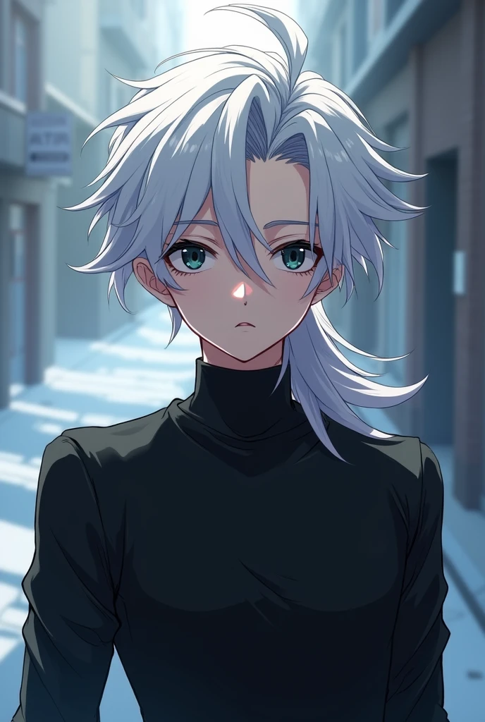2d photo, white hair, two block mullet hairstyle, masculine, quiet, anime, black eyes, portrait, black shirt, youthful, dynamic, cold, cool