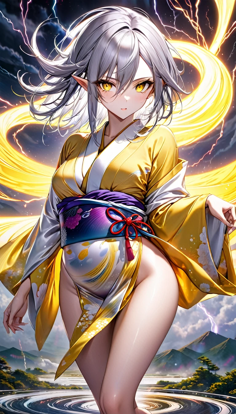 beautiful dark elf, silky silver hair, glossy yellow eyes, (attractive and seductive) and (amorous and lewd) expression, great body proportion, wearing open colorful Japanese Kimono, background tornado, iridescent lightning, conceptual installation art, (ultra detailed, absolutely resolution, best quality:1.3), 2.5D, delicate and dynamic effects, artistic, hyper, graphic CG digital art