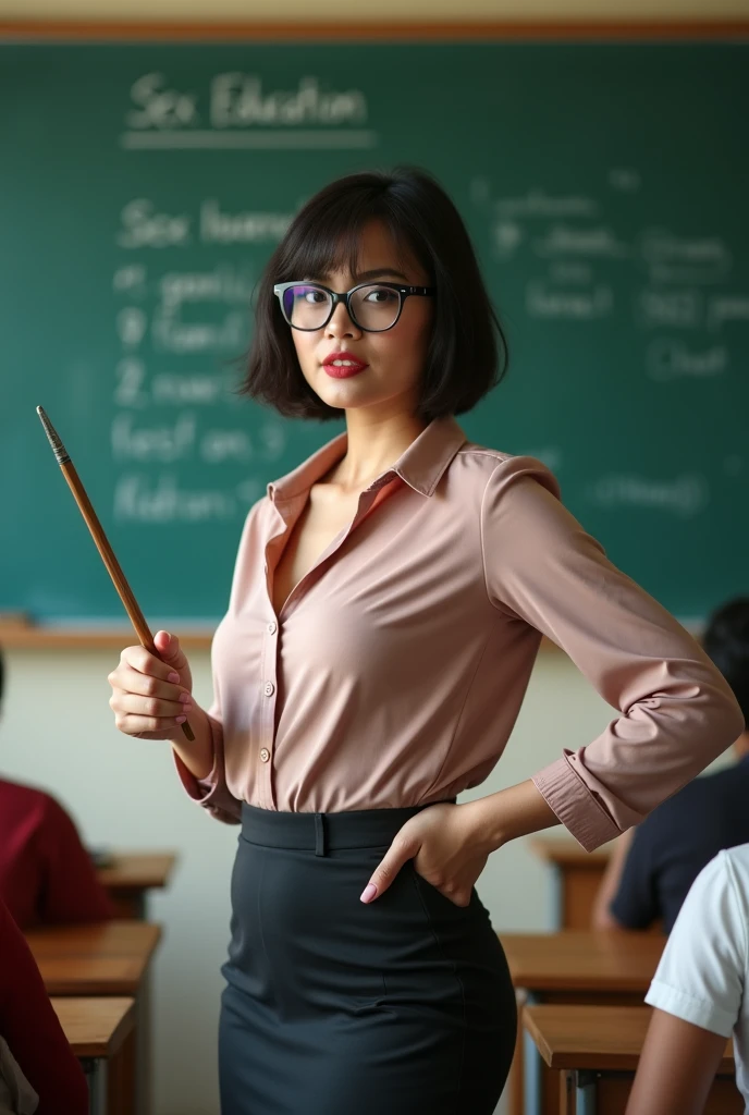 A 40 years old beautiful chubby indonesian woman with big breasts, and big belly, bob cut hair style, wear tight knee-lenght semi formal blouse with opened button, skirt, wear glasses, sexy sensual and seductive expression and pose, holding long pointer stick, in front of classroom with green board that teach sex education subject as a background, realistic photography, natural light, look at the viewer,