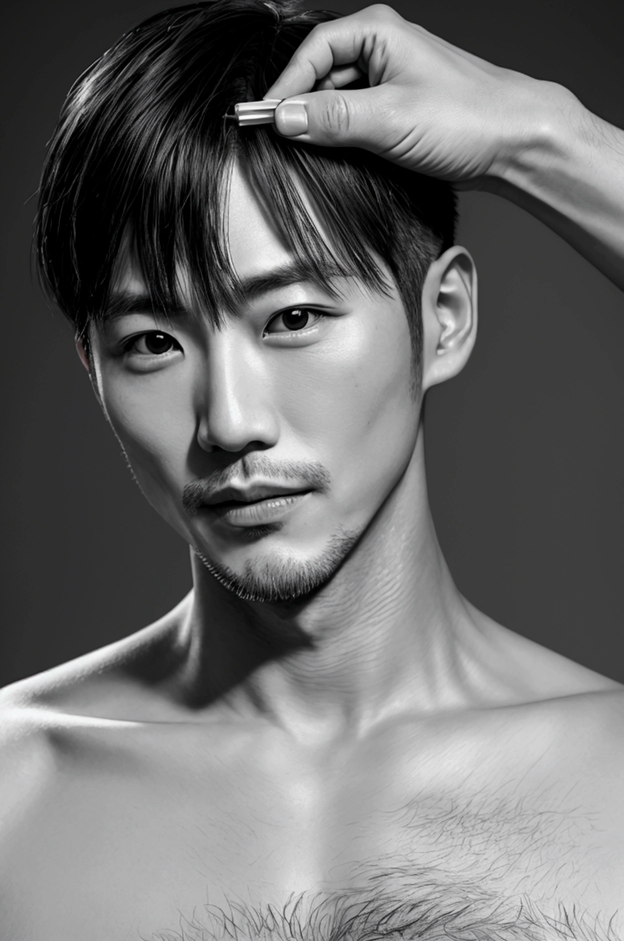 Handsome Japanese man in his 40s,Upper body portrait,Shaving,shaver,Bangs are down, 4k