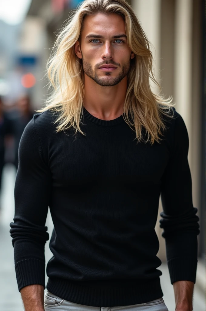 Man with long blonde hair up to his waist, blue eyes, muscular body, soft facial features, cat eyes & heart shaped lips, straight hair, black sweater, pale & greyish pants
