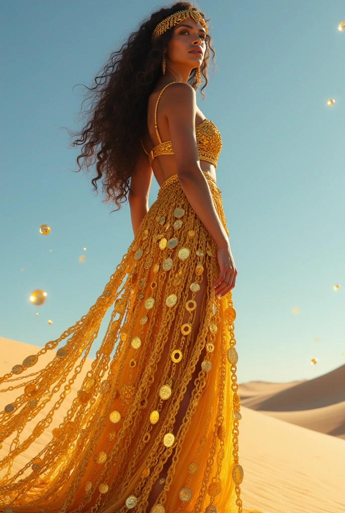 full shot body phot, illustration, cinematic light, fantasy, highest quality, ultra detailed, best quality, masterpiece, (detailed face), tall and sexy mature woman , dress made of gold coins chained together, glowing flowing sand, floating ember crystals, golden hair jewelry, metal reflecting sun light, (focus on body:1.25), clear blue sky, desert and ocean in background, long curly hair, golden eyes, emitting magic energy, dark, light reflection