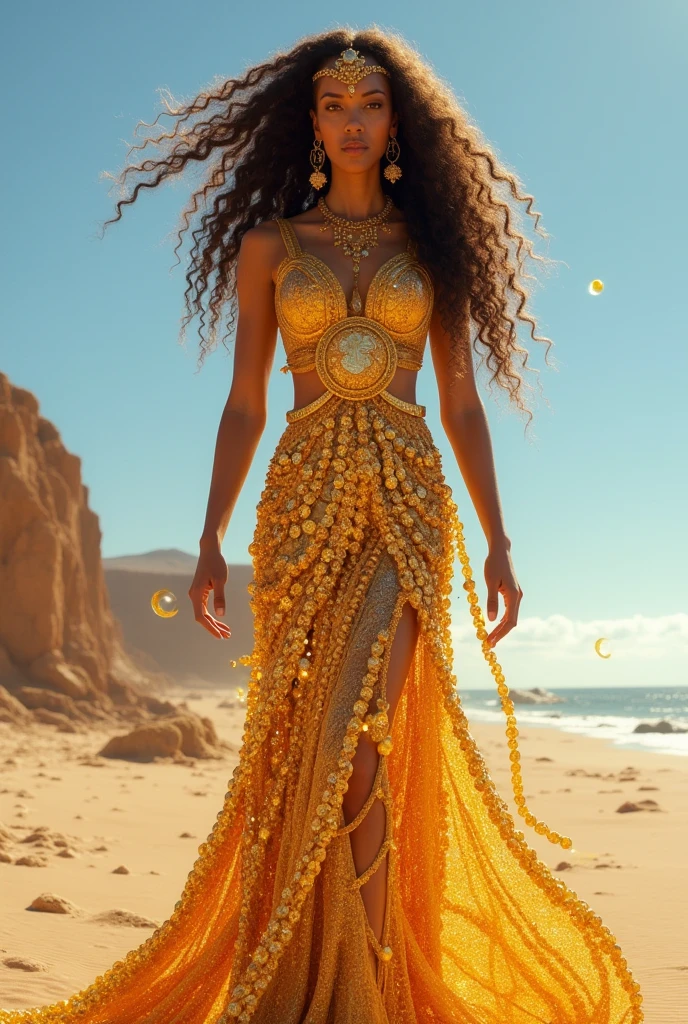 full shot body phot, illustration, cinematic light, fantasy, highest quality, ultra detailed, best quality, masterpiece, (detailed face), tall and sexy mature woman , dress made of gold coins chained together, glowing flowing sand, floating ember crystals, golden hair jewelry, metal reflecting sun light, (focus on body:1.25), clear blue sky, desert and ocean in background, long curly hair, golden eyes, emitting magic energy, dark, light reflection