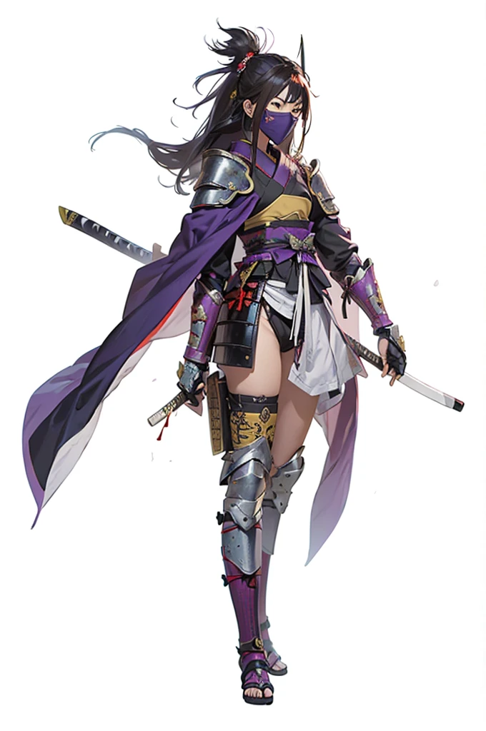 ((female ninja)), masterpiece image, high resolution image, ((samurai style shoulder armor)), ((samurai style knee armor)), samurai style shin guard armor, ((purple cape))