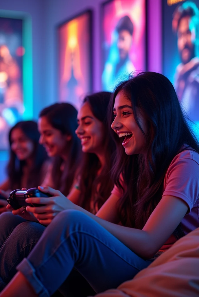 Need a photo of Indian girls with open hairs playing games on console with gaming background