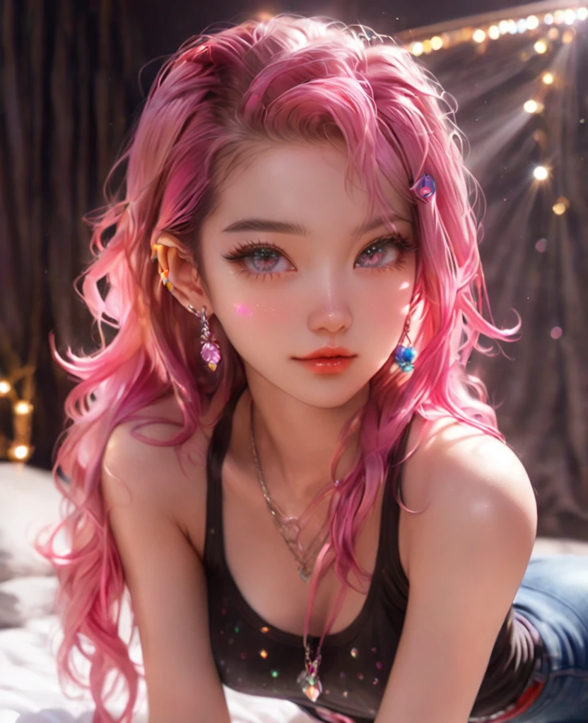 8K,an extremely delicate and beautiful,Beautiful and realistic skin,Shiny jewel-like earrings,Bedhead,like glitter pink hair,beautiful eyes,tanktop,jeans,asian cute girl,full body