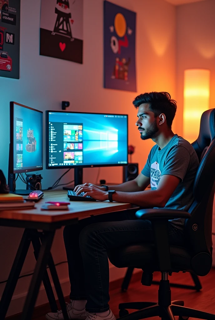 A studio room with computer setup inside a bit sit in chair in his beck of the shirt name hasnain