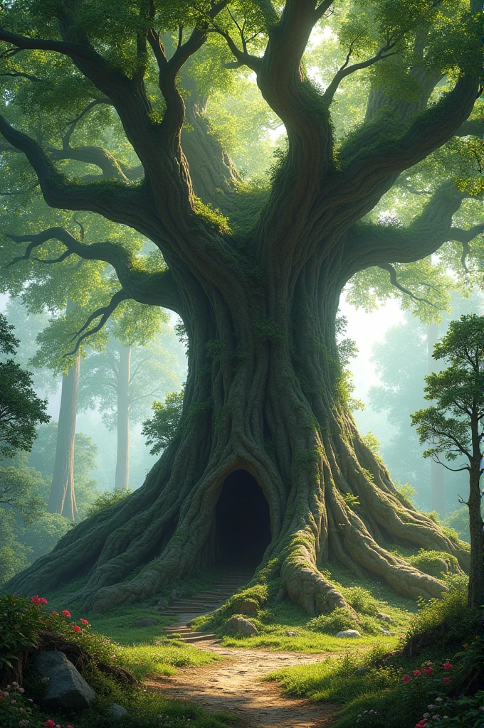A gigantic, ancient tree standing tall in the middle of the forest, with sprawling branches and deep roots.