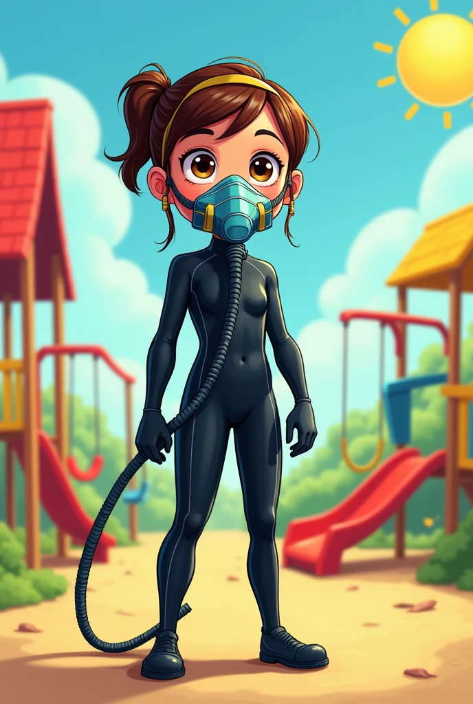 An I-cup elementary school girl in a tight-fitting black rubber suit is wearing an oxygen mask with no goggles but a hose. Not underwater. Cartoon style illustration
