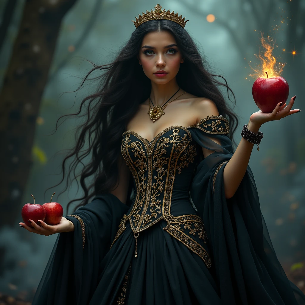 European Girl, Black long hair,Black Queen,accessories,Apple in one extended hand,Poison apples,Witch Queen