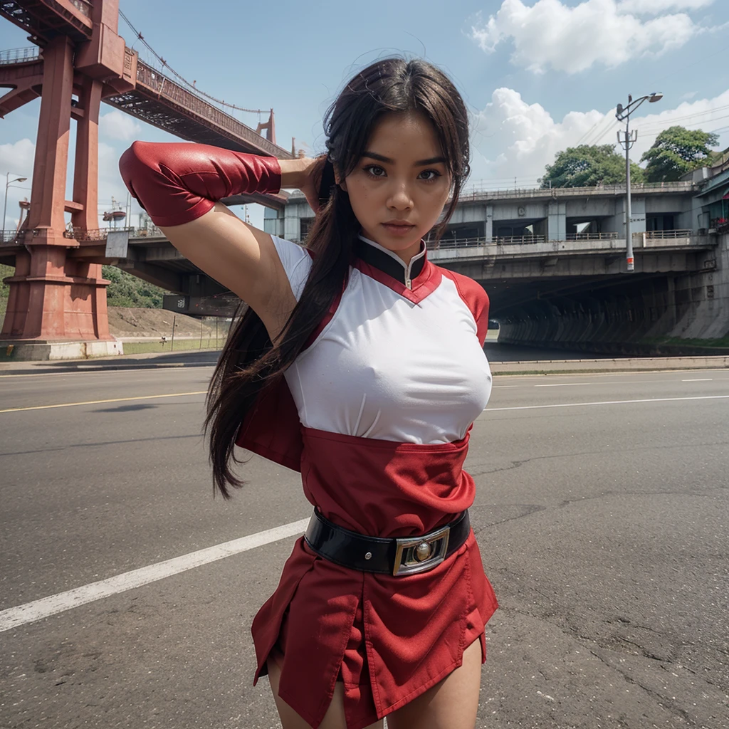 Power ranger girl who wears red miniskirt with black belt. in Yangon. Weather is windy. Infront of Thanlyin bridge. Sexy pose.