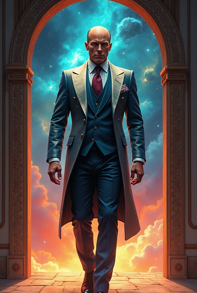 arafed image of a man in a suit standing in a doorway, in style of kyrill kotashev, inspired by Aleksandr Gerasimov, flash gordon, emperor of the known universe, 2022 movie, diamond plated superhero, movie promotional image, anton fadeev 8 k, gilgamesh, an epic anime of a energy man