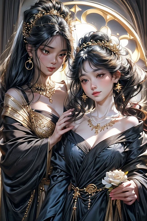 lamplight, Close-up cleavage, beautiful woman, gold eyes, (Detailed eyes, The eyes are bright:1.2), Long black hair, pale-skinned, earrings, necklace, medium skin, dark blue dress, Meticulous gown, golden accessories on clothes, dark blue flowers (perfect anatomia:1.2), Highqualityshadow, natural  lightting, (White highlights:1.2),overcast day, (starrysky:1.2), (shining)