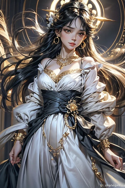 lamplight, Close-up cleavage, beautiful woman, gold eyes, (Detailed eyes, The eyes are bright:1.2), Long black hair, pale-skinned, earrings, necklace, medium skin, dark blue dress, Meticulous gown, golden accessories on clothes, dark blue flowers (perfect anatomia:1.2), Highqualityshadow, natural  lightting, (White highlights:1.2),overcast day, (starrysky:1.2), (shining)