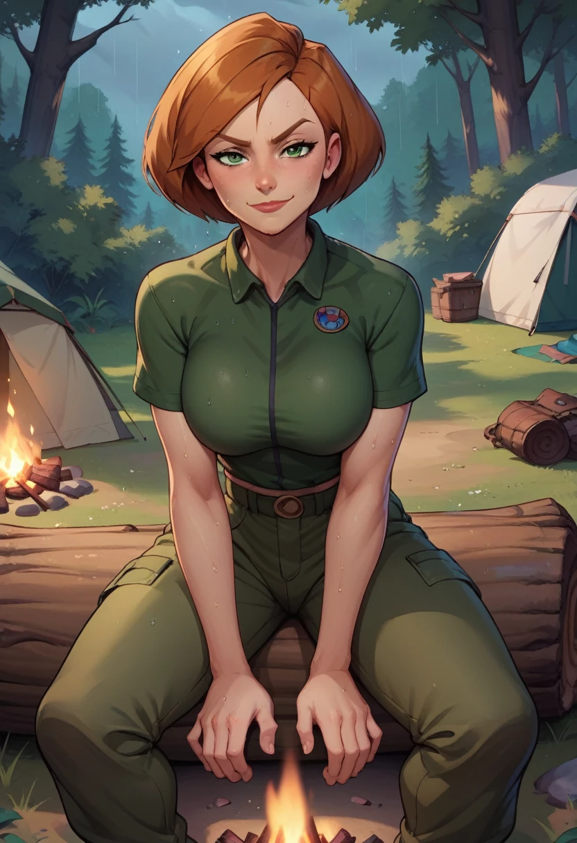 score_9, score_8_up, score_7_up, score_6_up, BREAK Ann possible, wearing hiking outfit, cargo pants, big breasts, fully clothed evil smirk, sweating, in a forest, looking at viewer, short hair, raining, setting up a tent, campfire, dark clouds, hands resting on knees, sitting on a log