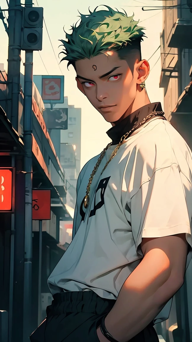highest quality, 8K, high resolution image, anime style Jujutsu Kaisen, detailed strokes, bored look, blurry, purple light is reflected from it, 1 man, male, 27 year old man, handsome guy, cool guy, strong man, trained body, trained shoulder, multicolored background with various geometric shapes, around stickers, muscular, neon green hair, red eyes, short hairstyle: undercut, puffy chest. He wears shirt, and black sweatpants, his look is elegant but sloppy. He wears a long link chain around his neck, shaved body, hand in his pocket, gold link chain, background: city, street, cars, taxi, people,
