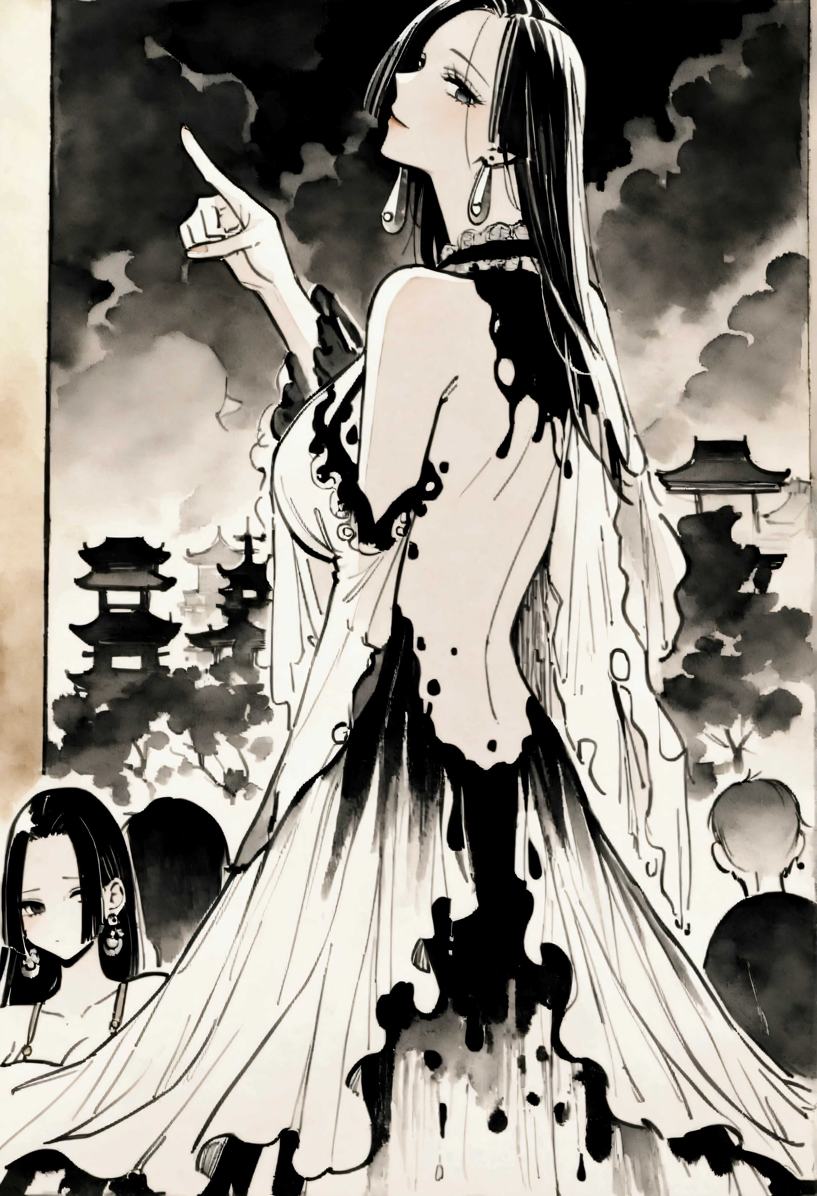 Masterpiece、Highest quality、Super detailed、Boa Hancock\(one piece\), (Ink Painting:1.2), break,(BoaHancockV2:1.25), In-person audience, tilt your head back, pointing、(very, Melted dress, Droplet Earrings:1.25), Chest cutout、Amazing view