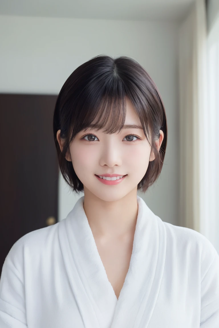 masterpiece, Highest quality, One Woman, (White bathrobe:1.2), Age 25、(RAW Photos, Highest quality), (reality, Realistic:1.4), Clean look、Iris、very detailed eyes and face, Beautiful and detailed nose, beautiful eyes, Perfect , Black short hair、Wet Hair、bangs、Crystal skin, A happy smile、Face Focus、indoor、