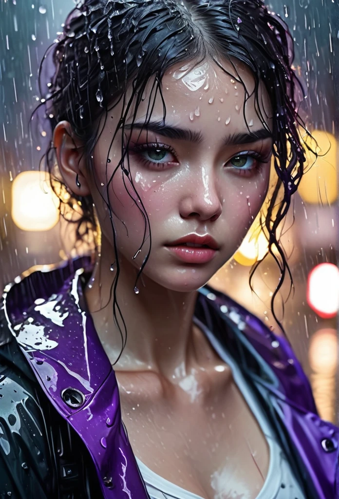 (Masterpiece at maximum 16K resolution: 1.6), (intricate details: 1.4), (extremely insane details: 1.4), (highest quality: 1.3), (hyper_realistic: 1.3 ). | Jesus looking at the sky, deep emotions, tears running down his face, soft raindrops, fresh vegetation, shiny wet pavement, expressive purples eyes, pensive expression, sadness, delicate features, short flowing hair, wet clothes, ethereal atmosphere, misty atmosphere , moody lighting, dramatic composition, subtle shadows, emotional charge, melancholic atmosphere, vibrant colors, soft color palette, rainy day aesthetic, raw beauty, moving moment, captivating composition, pain and vulnerability, contrast of beauty and sadness, drops of rain tracing your eyelashes and cheeks, loneliness in the crowd, defining moment in your life, hope lingering in your eyes. | ((she's crying):1,3)):0,7), (((More_Details))).