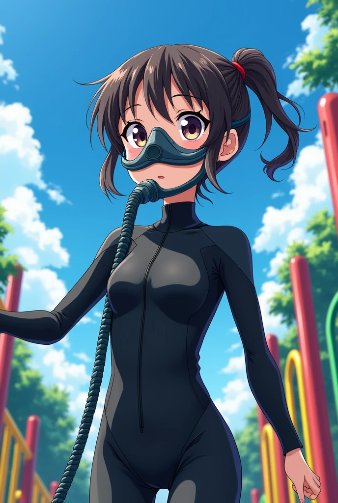 An I-cup elementary school girl in a tight-fitting black rubber suit is wearing an oxygen mask with no goggles but a hose. Not underwater. Anime-style illustration