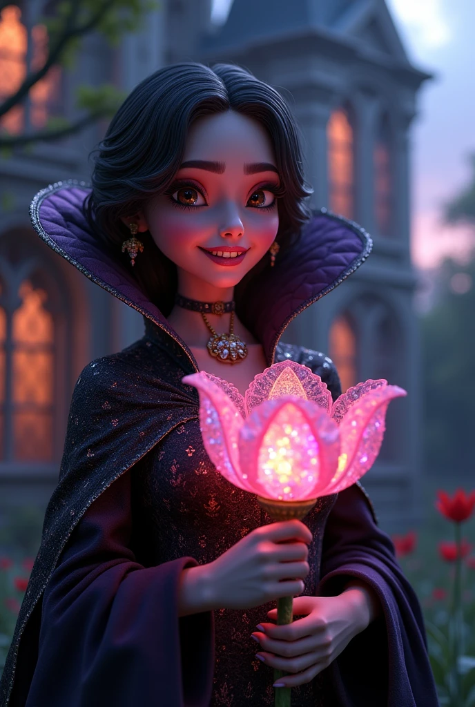 3d pixar style, Close-up,Beautiful vampire queen holding huge crystal tulip,Flashing with countless colors, Fangs, Sharp and gorgeous cape, Wearing a magic amulet in the shape of a bat, Royal gardens of the Gothic palace,At dusk, Beautifully presented building.