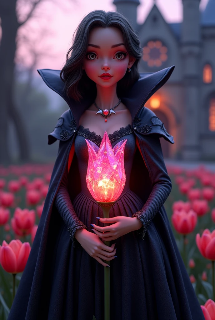3d pixar style, Close-up，Beautiful vampire queen holding huge crystal tulip，Flashing with countless colors, Fangs, Sharp and gorgeous cape, Wearing a magic amulet in the shape of a bat, Royal gardens of the Gothic palace，At dusk, Beautifully presented building.