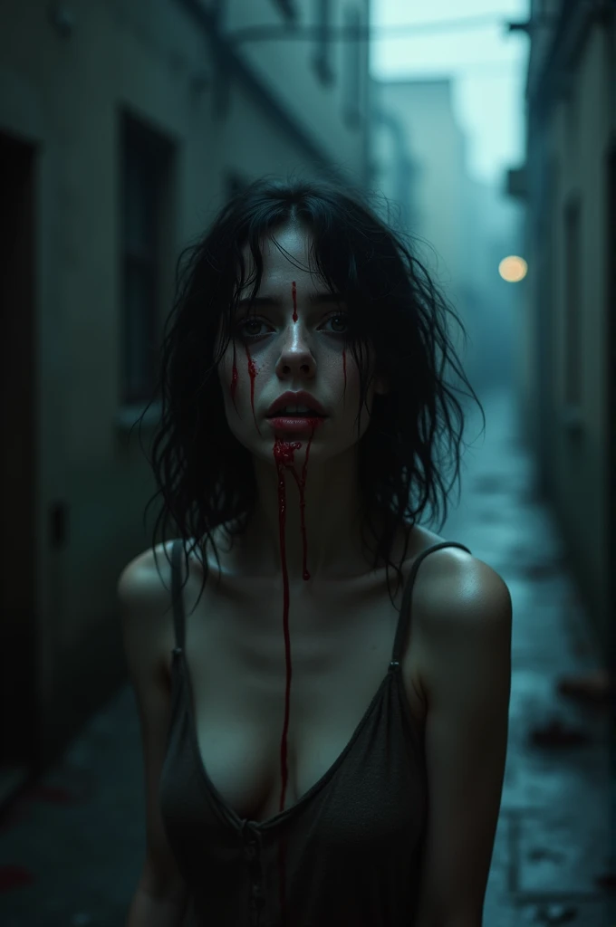 The woman's face was pale, blood was dripping from her mouth