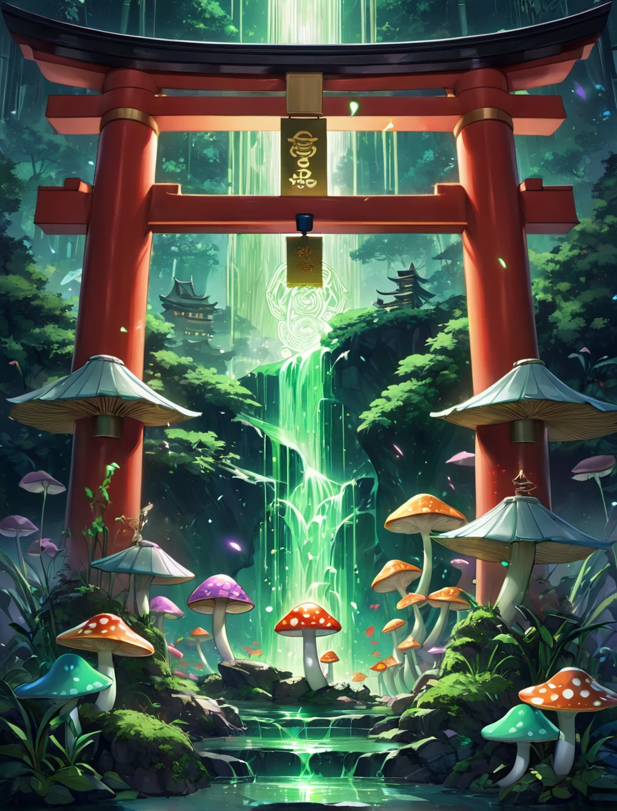 A mystical mushroom character emerges from the ground, its cap a blend of traditional Japanese patterns like cranes, bamboo, and pagodas. The mushroom's stem is etched with the word "Mycel," glowing with a subtle green light. The cap is surrounded by a swirling aura of digital particles, representing blockchain technology, each particle connected to floating digital tokens with symbols like Bitcoin and Ethereum. In the background, a Japanese torii gate stands tall, with blockchain code flowing through it like a digital waterfall, merging the organic with the digital world in a serene, yet powerful scene.
