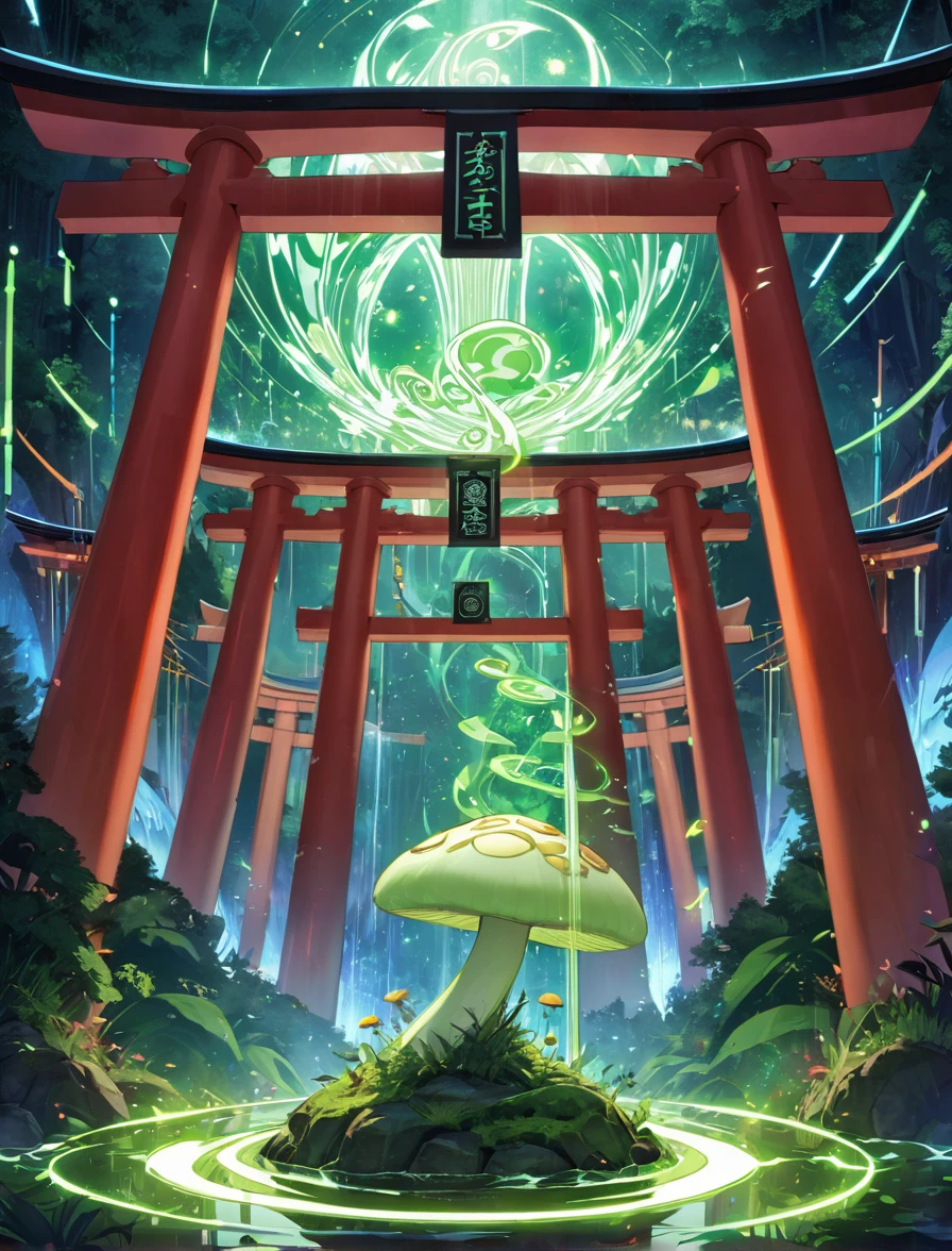 A mystical mushroom character emerges from the ground, its cap a blend of traditional Japanese patterns like cranes, bamboo, and pagodas. The mushroom's stem is etched with the word "Mycel," glowing with a subtle green light. The cap is surrounded by a swirling aura of digital particles, representing blockchain technology, each particle connected to floating digital tokens with symbols like Bitcoin and Ethereum. In the background, a Japanese torii gate stands tall, with blockchain code flowing through it like a digital waterfall, merging the organic with the digital world in a serene, yet powerful scene.