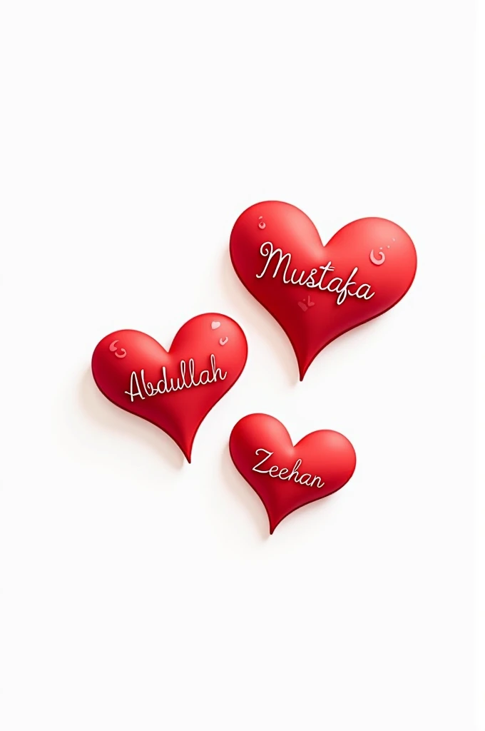 three red hearts with white background and the first one write Mustafa and second Abdullah and third Zeeahan